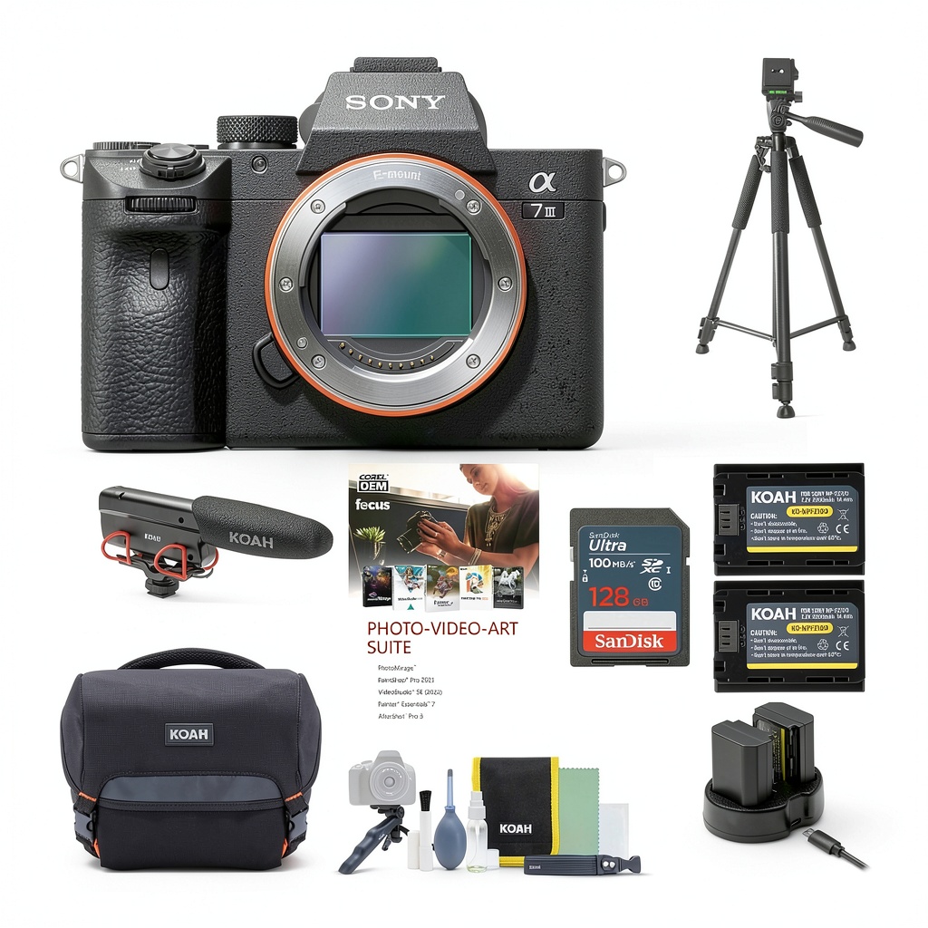 Sony Alpha a7 III camera with accessories on a table