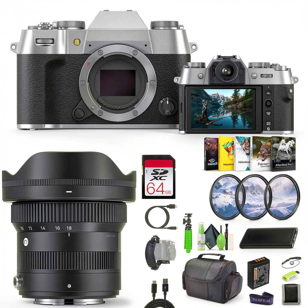Fujifilm X-T50 camera with film simulation dial and Sigma lens on a tripod