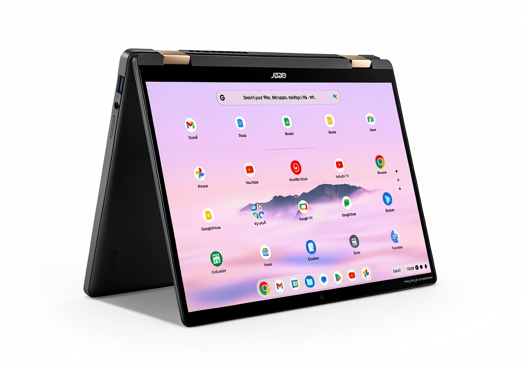 Acer Chromebook Plus Spin 714 open on a desk showing the touch display and keyboard