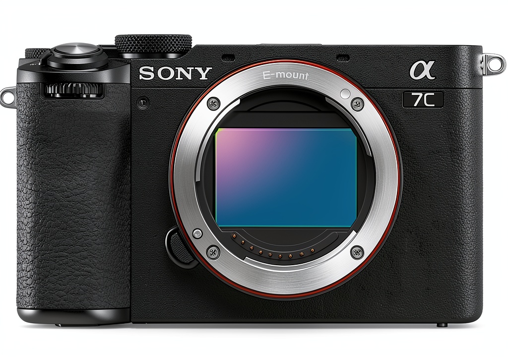 Sony Alpha 7C II camera displayed on a table with lens options