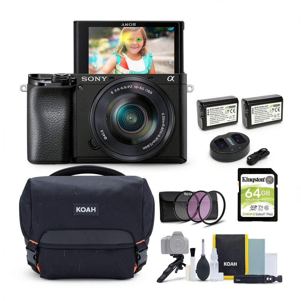 Sony Alpha a6100 camera with 16-50mm lens on a table