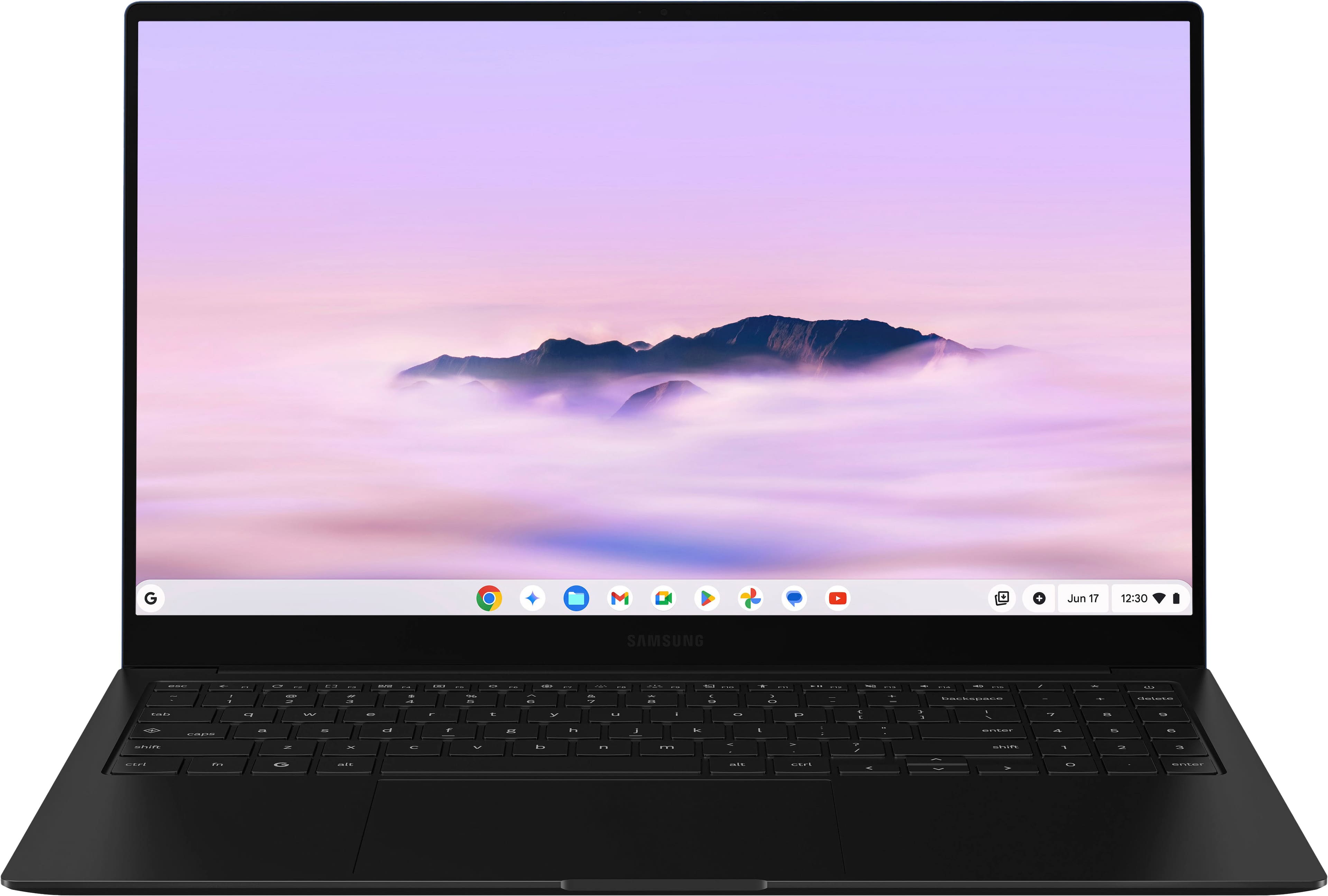 Samsung Galaxy Chromebook Plus showing AMOLED display and Neptune Blue finish
