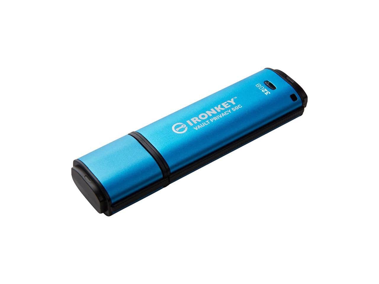 Kingston IronKey Vault Privacy 50 USB-C Encrypted Flash drive connected to laptop showing password interface