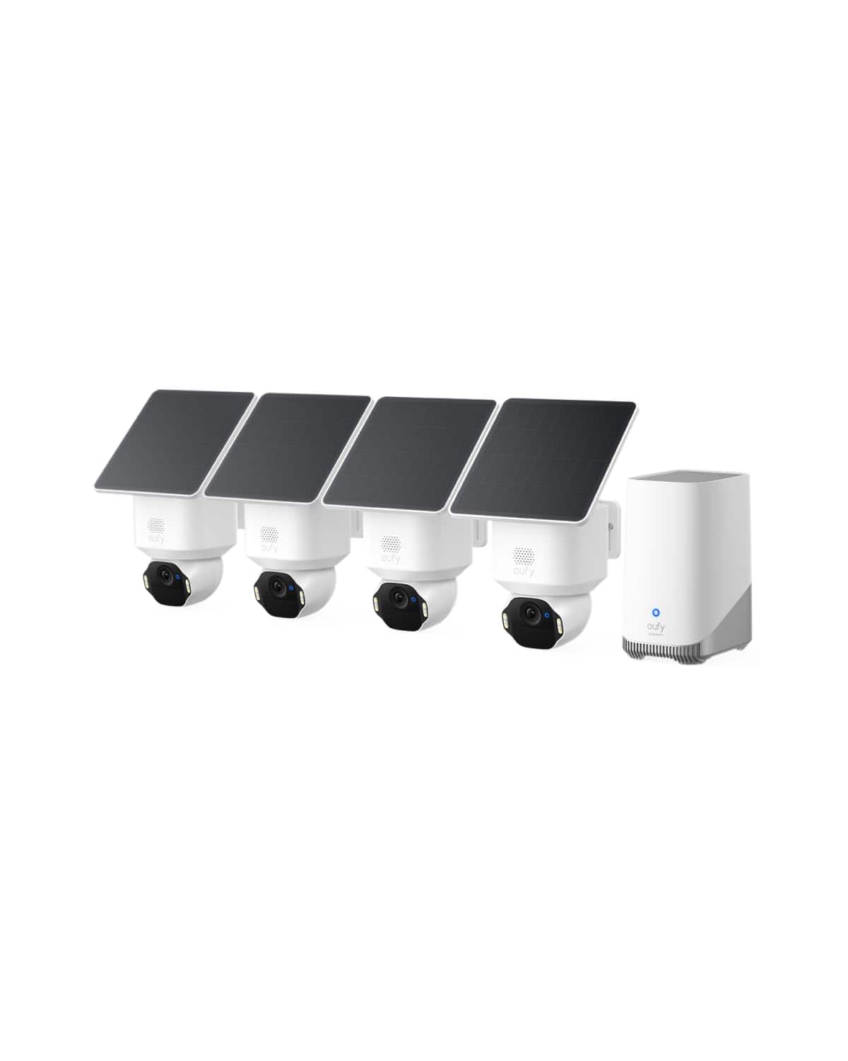 Eufy SoloCam E42 installed on an outdoor wall with solar panel visible
