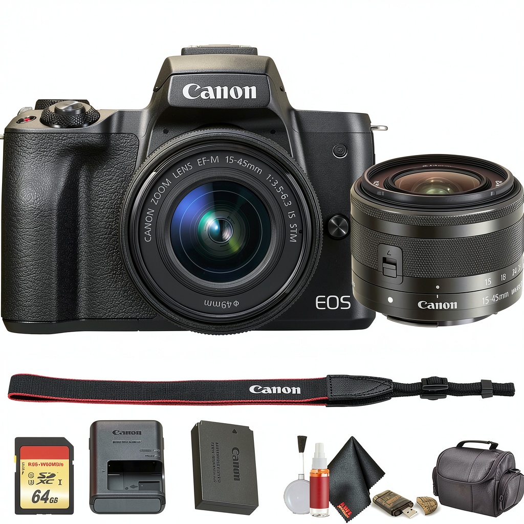 Installing Canon EOS M50 Mirrorless Camera 24MP 4K Video Bundle on a wooden desk