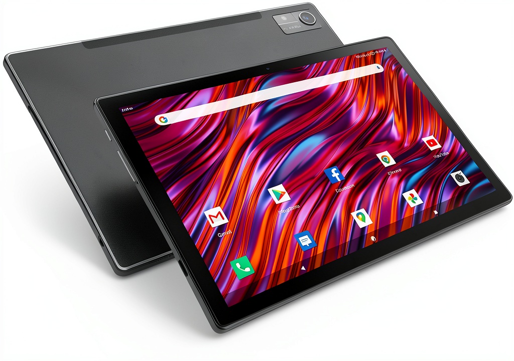 MEIZE Android 14 tablet on a wooden desk with keyboard and stylus