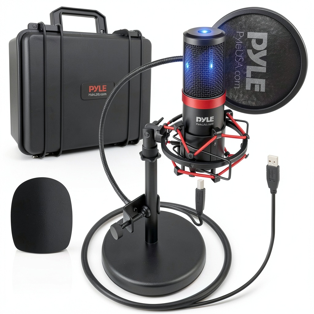 Pyle USB Podcast Microphone Kit on a cluttered streaming desk with pop filter and LED mute indicator